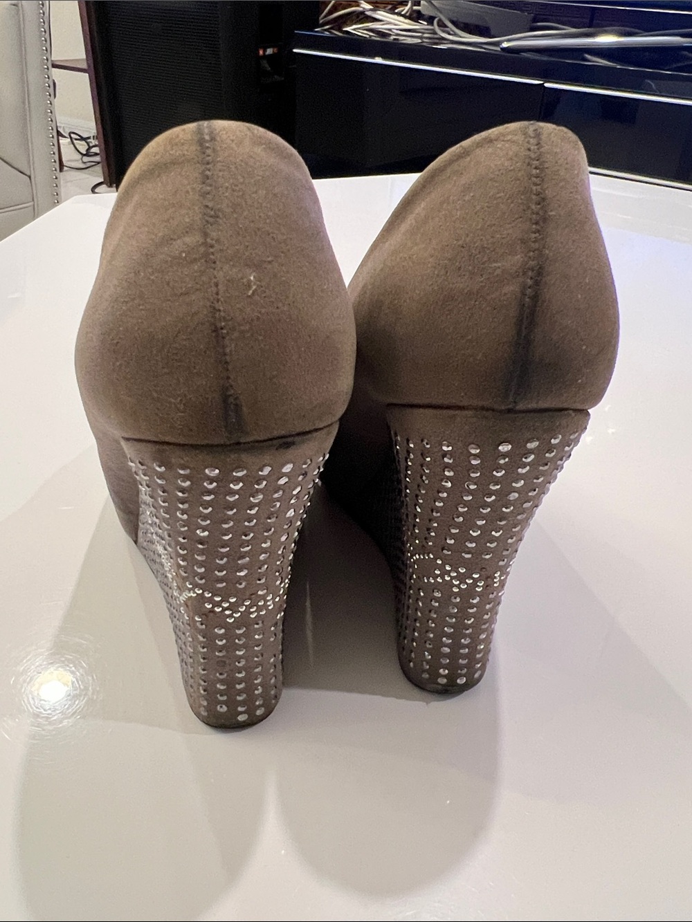 Ed Hardy Taupe Suede Peep-Toe Wedge Pumps with Crystal Heel - Picture 6 of 9